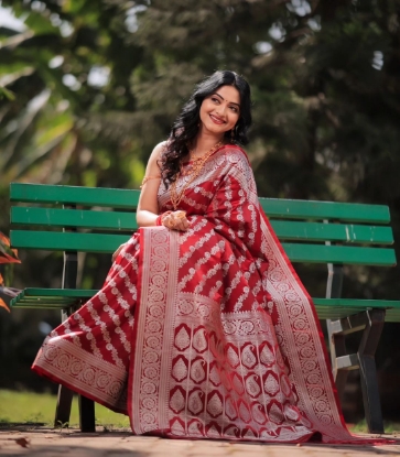 Picture of  Radiant Red Liche Silk Saree with Silver Jari Magic