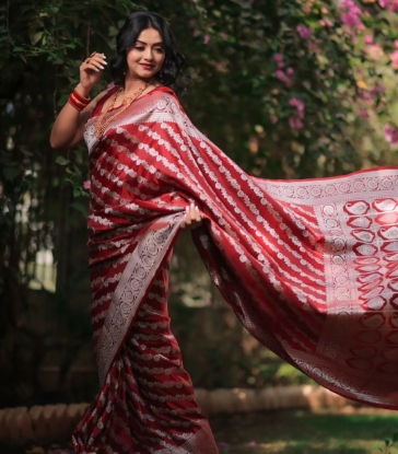 Picture of  Radiant Red Liche Silk Saree with Silver Jari Magic