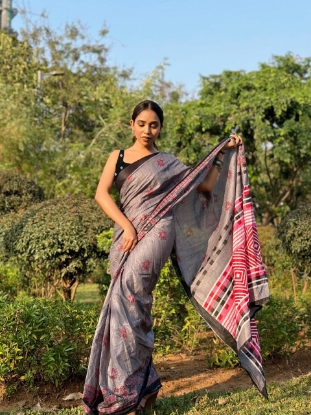 Picture of Soft Cotton Block Printed Saree With Gray Color