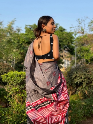 Picture of Soft Cotton Block Printed Saree With Gray Color