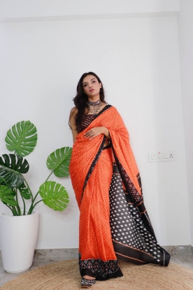 Picture of Soft Cotton Jaipur Block Print Saree With Two Colors