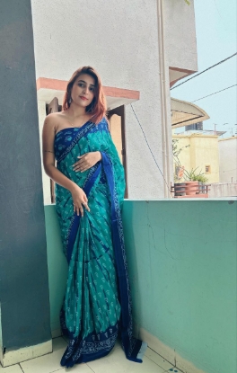 Picture of Soft Cotton Jaipur Block Print Blue Saree