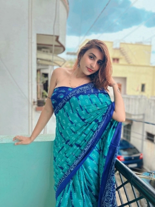 Picture of Soft Cotton Jaipur Block Print Blue Saree