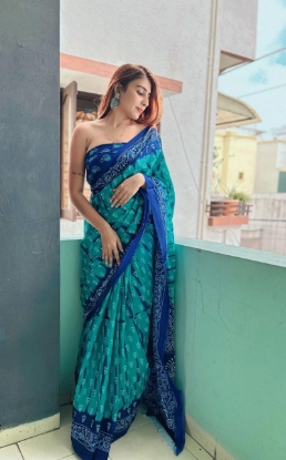 Picture of Soft Cotton Jaipur Block Print Blue Saree