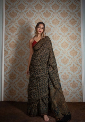 Picture of  Pure Cotton With Green & Copper Zari Block Prints Saree