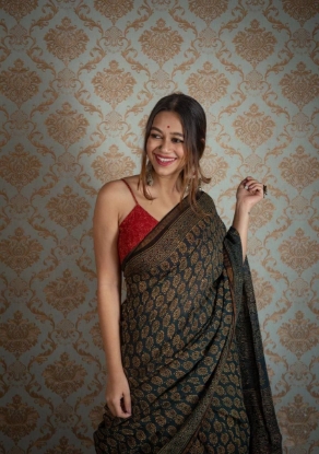 Picture of  Pure Cotton With Green & Copper Zari Block Prints Saree