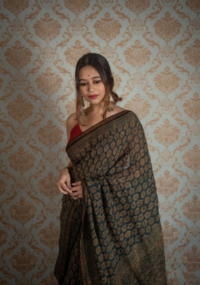 Picture of  Pure Cotton With Green & Copper Zari Block Prints Saree