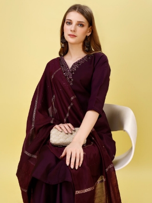 Picture of  Sparkle and Shine with Our Wine Embroidered Kurti Set