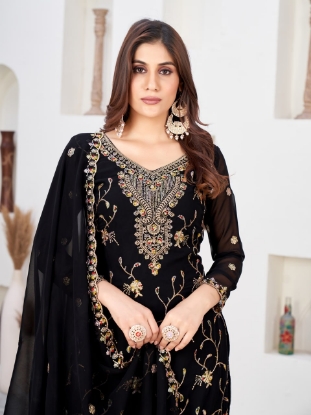 Picture of Black Embroidered Faux Georgette Kurti Set