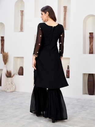 Picture of Black Embroidered Faux Georgette Kurti Set