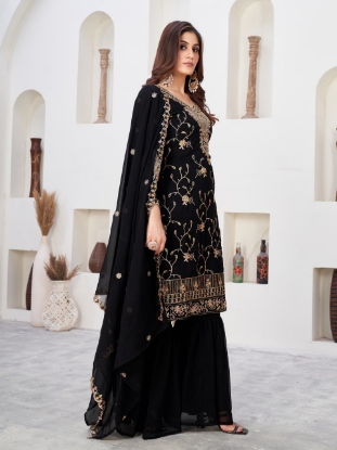 Picture of Black Embroidered Faux Georgette Kurti Set