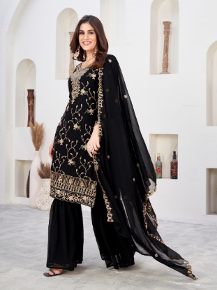 Picture of Black Embroidered Faux Georgette Kurti Set