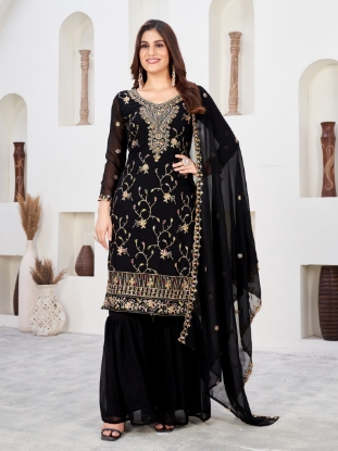 Picture of Black Embroidered Faux Georgette Kurti Set