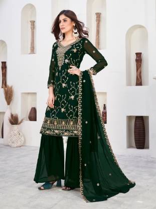 Picture of Green Embroidered Faux Georgette Kurti Set