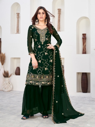 Picture of Green Embroidered Faux Georgette Kurti Set