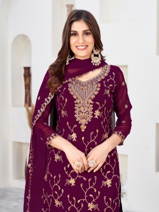 Picture of Wine Embroidered Faux Georgette Kurti Set