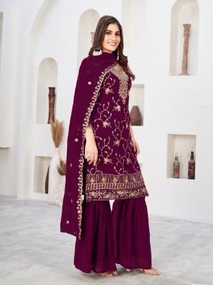 Picture of Wine Embroidered Faux Georgette Kurti Set