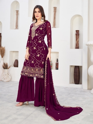 Picture of Wine Embroidered Faux Georgette Kurti Set