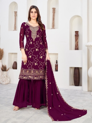 Picture of Wine Embroidered Faux Georgette Kurti Set