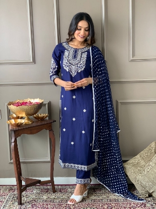 Picture of The Embroidered Rayon Kurta Set with Pants and Dupatta