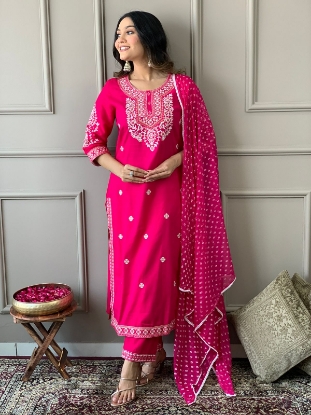 Picture of The Embroidered Rayon Kurta Set with Pants and Dupatta