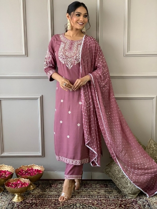 Picture of The Embroidered Rayon Kurta Set with Pants and Dupatta