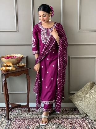 Picture of The Embroidered Rayon Kurta Set with Pants and Dupatta