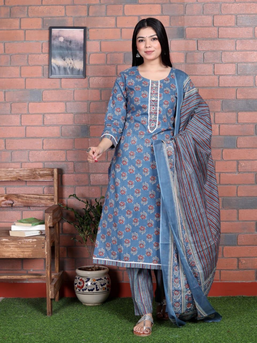 Picture of Beautiful Blue Cotton Kurti Pant Set with Malmal Dupatta 