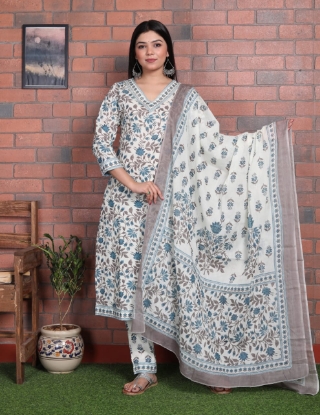 Picture of Beautiful White V-neck Kurti Pant Set with Malmal Dupatta 