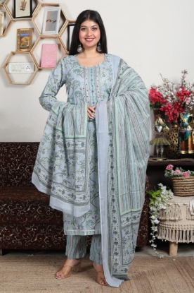 Picture of Beautiful Grey Cotton Kurti Pant Set with Malmal Dupatta 