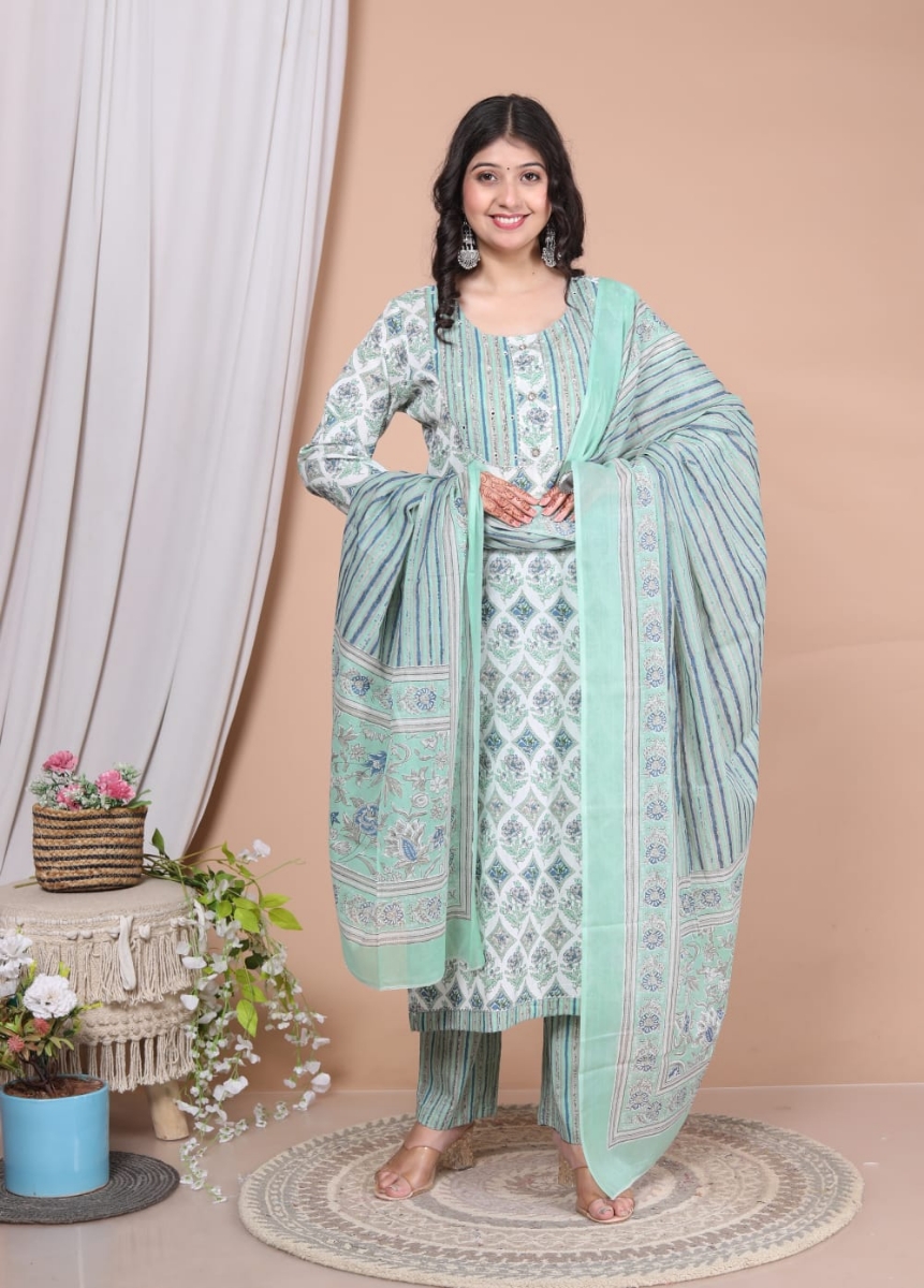 Picture of Beautiful Pistaa Color Cotton Kurti Pant Set with Malmal Dupatta 