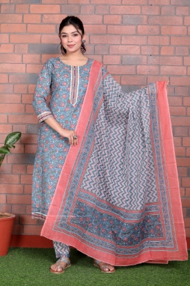 Picture of Beautiful Blue with Red Cotton Kurti Pant Set with Malmal Dupatta 