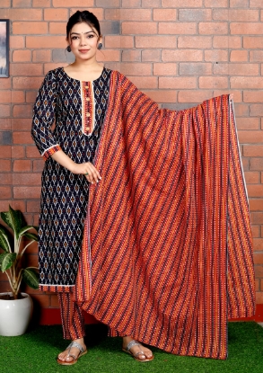 Picture of Beautiful Black Cotton Kurti Pant Set with Malmal Orange Dupatta 