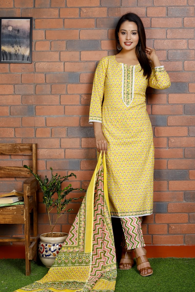 Picture of Beautiful Yellow Cotton Kurti Pant Set with Malmal Dupatta 