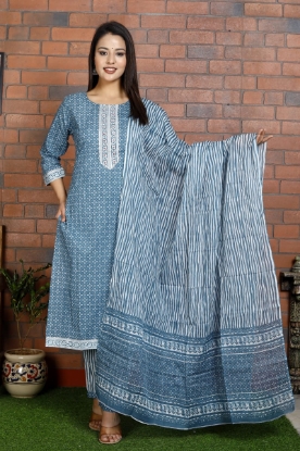 Picture of Beautiful Cotton Blue Kurti Pant Set with Malmal Dupatta