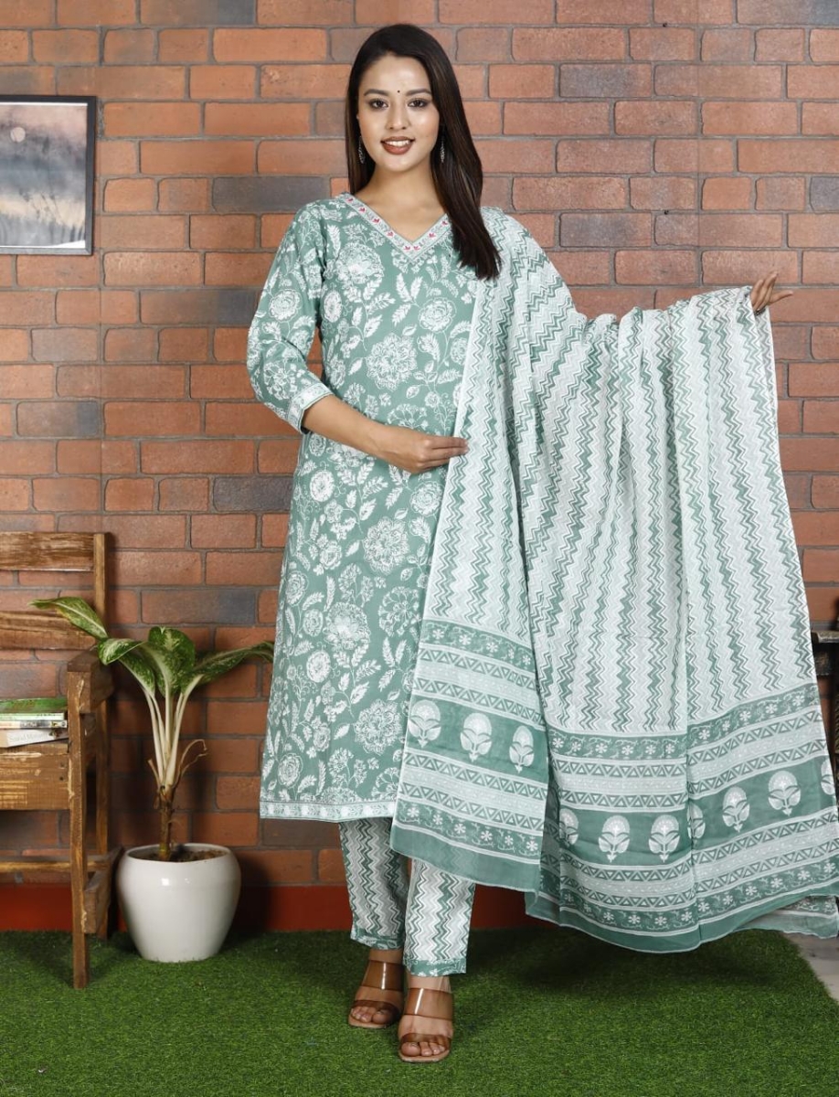 Picture of Beautiful Cotton Green and White Blue Kurti Pant Set with Malmal Dupatta