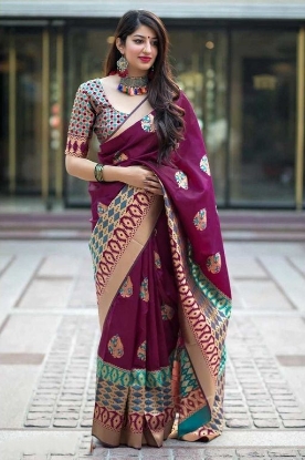 Picture of Soft Litchi Silk Saree with Golden Jari and Grand Jacquard Border