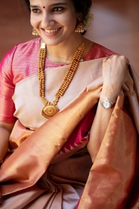 Picture of Luxurious Pure Lichi Silk Saree with Golden Jari Work