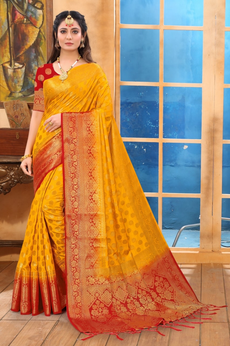 Picture of Alluring New Pure Nylon Balaton Silk Saree with Golden Jari Work