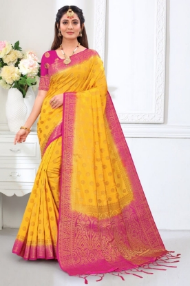 Picture of Alluring New Pure Nylon Balaton Silk Saree with Golden Jari Work