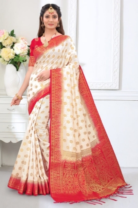 Picture of Alluring New Pure Nylon Balaton Silk Saree with Golden Jari Work