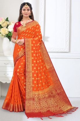 Picture of Alluring New Pure Nylon Balaton Silk Saree with Golden Jari Work