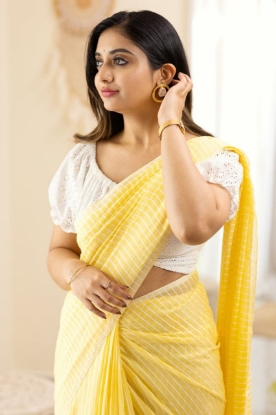 Picture of Luxurious Linen Cotton Saree with Playful Tassels