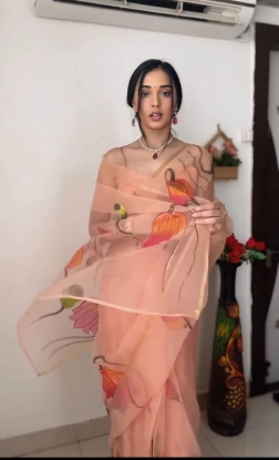 Picture of  Elegance in a Minute: Golden Peach Organza Saree