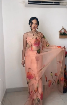 Picture of  Elegance in a Minute: Golden Peach Organza Saree