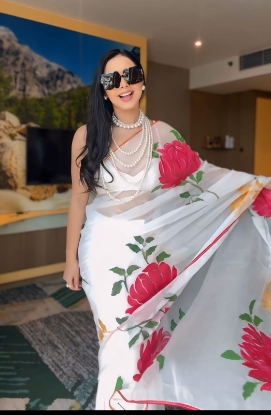 Picture of  Soft Georgette Silk Saree With Beautiful White Floral Design 