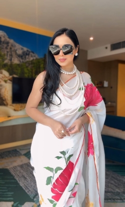 Picture of  Soft Georgette Silk Saree With Beautiful White Floral Design 