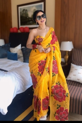 Picture of Soft Georgette Silk Saree With Beautiful Yellow Floral Design