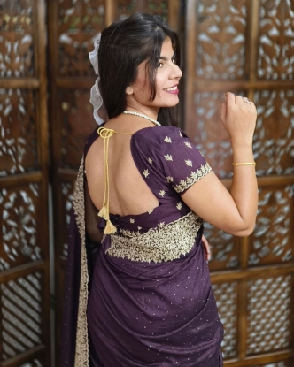 Picture of Blooming Vichitra Silk Saree with Zari and Stonework